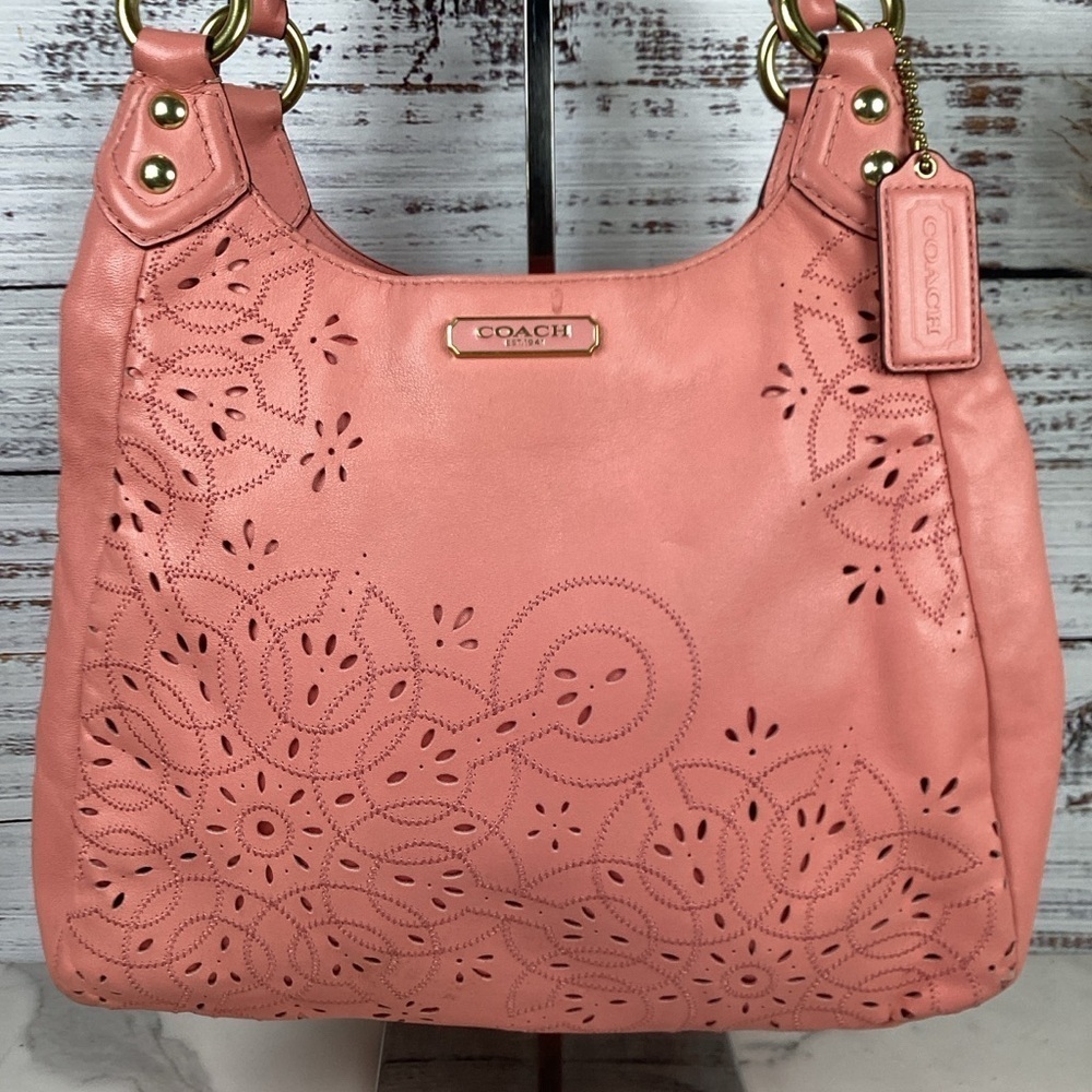COACH 22485 VINTAGE ASHLEY TOSSED LASER CUT LEATHER SHOULDER BAG PINK CORAL HOB - Picture 5 of 16